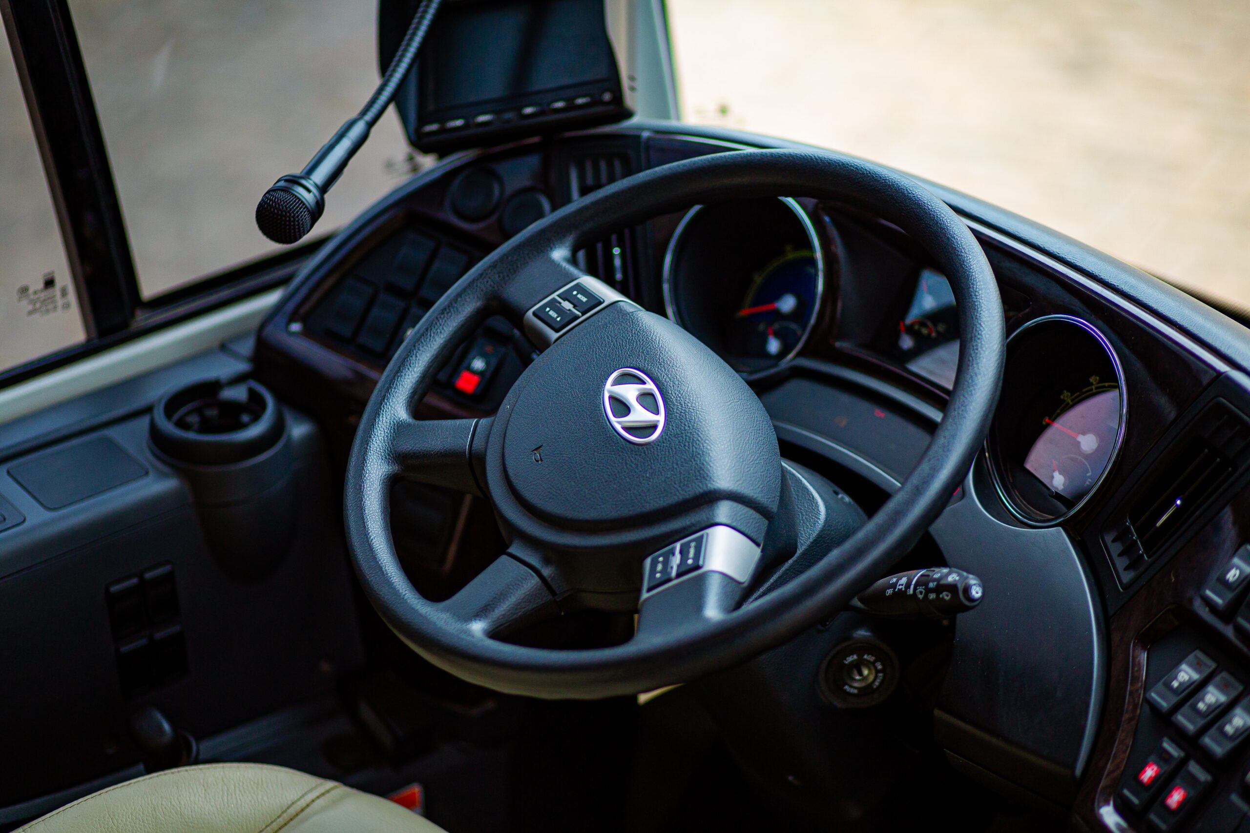 image of a bus steering wheel