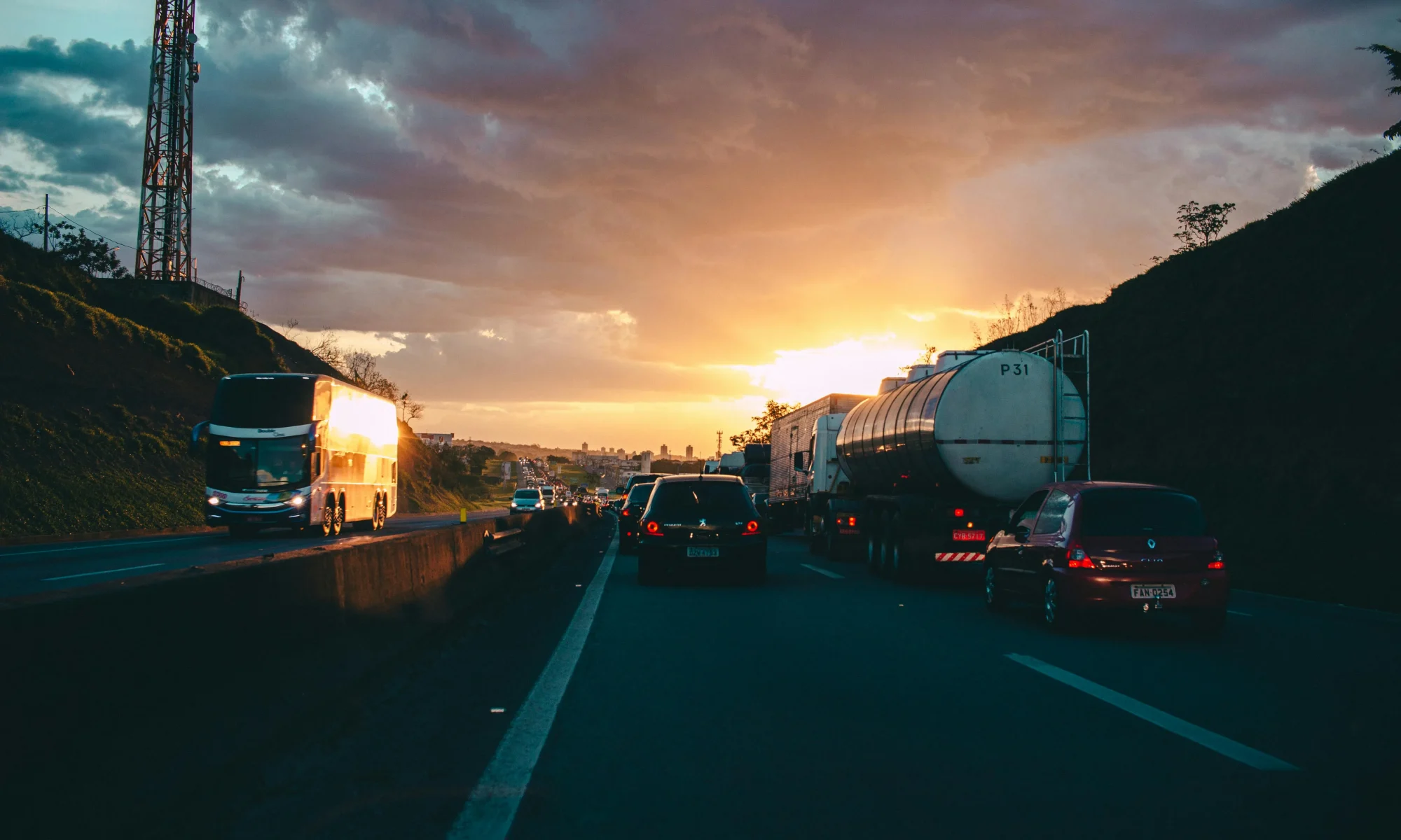 fuel tanker driving towards the sunset. hazardous goods training centre