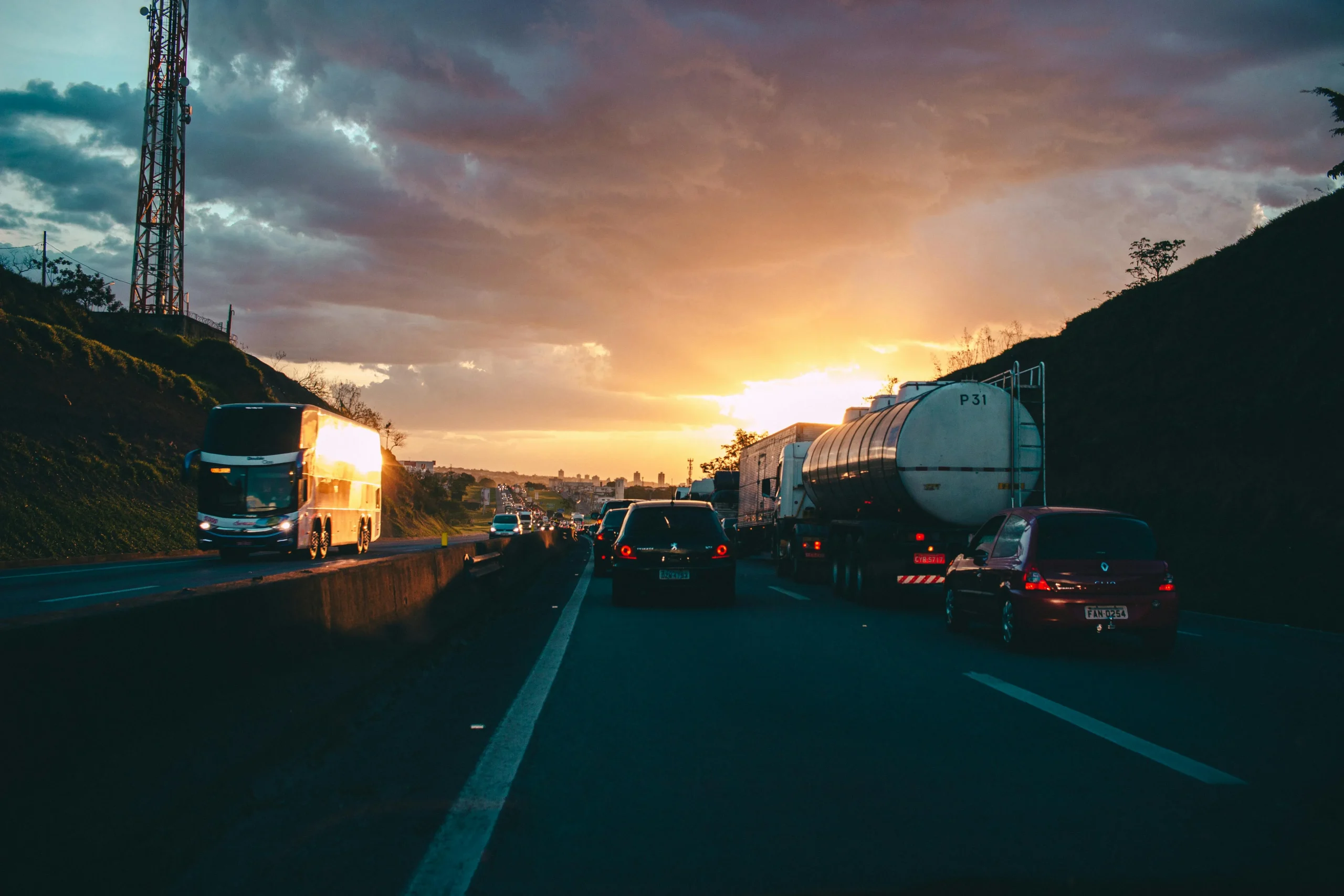 fuel tanker driving towards the sunset. hazardous goods training centre