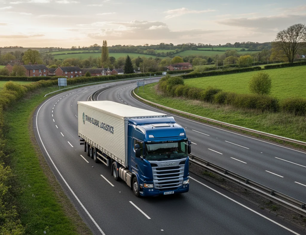 A blue and white truck driving along a highway under a clear sky to represent common driving mistakes